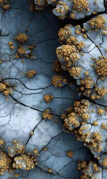 Intricate network of cracks traversing a textured surface with golden clusters creating a unique visual landscape photo