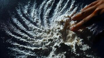 Hand caressing flour on a black surface displaying a mesmerizing swirl pattern evoking culinary artistry photo
