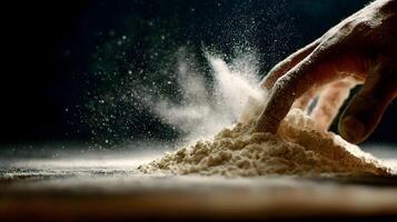 The baker's hand gracefully dives into the mound of flour creating a mystical cloud around it photo