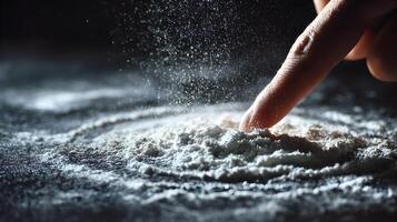 A finger touches a mound of white powder causing a cloud of particles against a dark surface photo