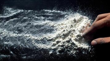 Delicate touch upon soft powder creating artistic swirls on dark surface in dimly lit environment photo