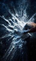 Dramatic Flour Explosion Capturing Dynamic Movement and Powder Particles Suspended in Air Creating a Stunning Visual Effect photo