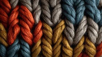 Detailed macro of colorful knitted wool fabric creating an inviting warm and cozy texture photo