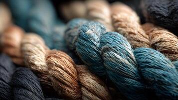 Close up image showing the texture and detail of twisted strands of colorful yarn material photo