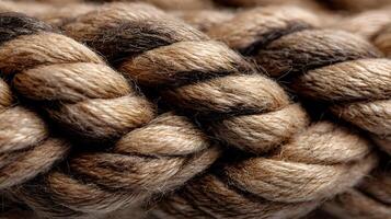A close up view reveals the intricate texture of a thick brown rope creating an abstract pattern photo