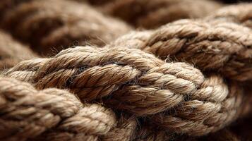Detailed macro shot of a thick, sturdy brown rope showing its intricate twisted fibers texture close up photo