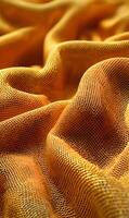 Warm golden fabric ripples and folds creating a textured surface with light and shadow interplay textile art photo