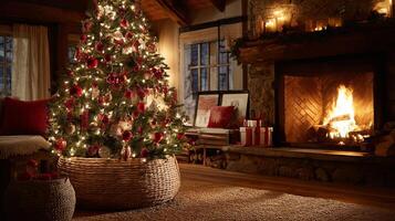 Festive Christmas Tree in Basket with Glowing Lights photo