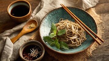 Soba noodles with soy sauce and sesame seeds photo