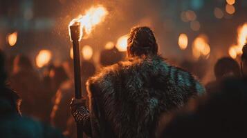 A man in fur coat holding a torch photo