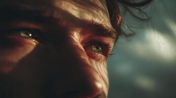 Man Looking Out Window with Open Eyes - Contemplative Moment photo