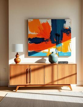 Modern Console Table with Framed Art and Decor photo
