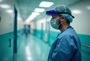 A man in a surgical suit and mask is walking down a hallway photo