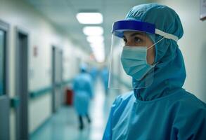 A woman in a blue gown and face mask standing in a hallway photo