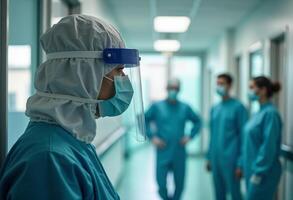 A person in a hospital gown and face mask photo
