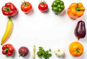 Various vegetables arranged in a circle on a white background photo