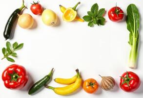 Fresh vegetables and fruits arranged in a square frame photo