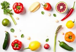 Various fruits and vegetables arranged in a circle on a white background photo