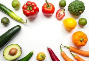 A circle of vegetables and fruits on a white background photo
