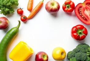 Fresh vegetables and fruits arranged in a circle on a white background photo