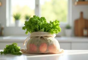 A bag of lettuce sitting on a table in a kitchen photo