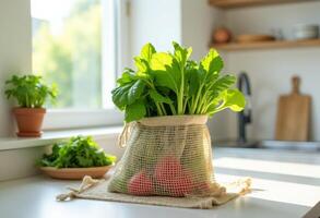 A bag of fresh vegetables sitting on a counter photo