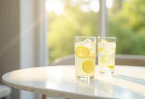 Two glasses of lemonade on a table in front of a window photo