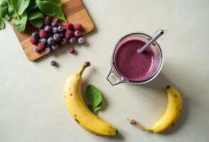 A smoothie with berries and bananas on a table photo