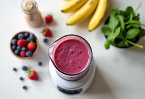 A blender with a smoothie of berries and bananas photo