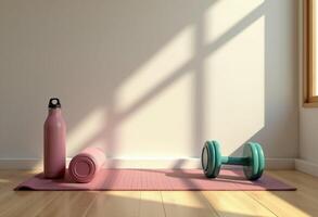 A pink dumbbell and a pink water bottle sit on a mat in front of a window photo