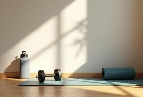 A gym room with a mat, water bottle and dumbbells photo