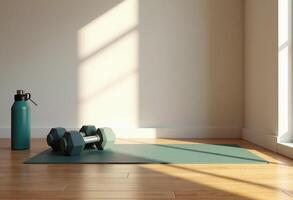 A green mat and dumbbells sit on a wooden floor photo