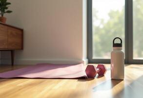 A yoga mat and water bottle on the floor next to a window photo