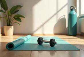 A gym mat and dumbbells on a wooden floor photo