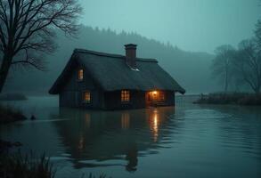 A house in the middle of a flooded forest photo