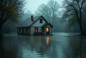 A house is in the middle of a flooded area photo