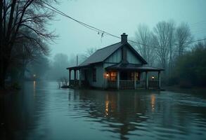 A house sits on a flooded street in the middle of the night photo