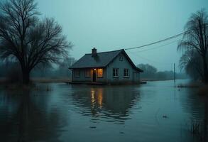 A house is in the middle of a flooded field photo