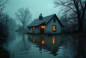 A house sits on the edge of a pond in the fog photo