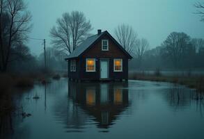A small house sits in the middle of a flooded field photo