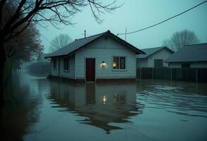 A house is surrounded by water in a flooded area photo