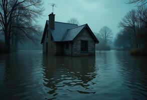A house sits in the middle of a flooded area photo