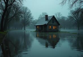 A house sits in the middle of a flooded field photo