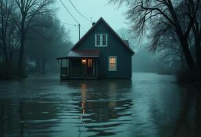 A house is submerged in water on a foggy night photo