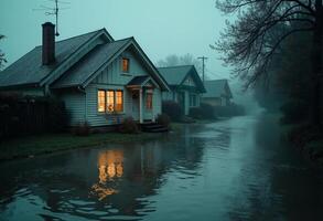 A house is on the side of a flooded street photo