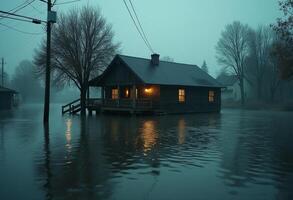 A house is submerged in flood water photo