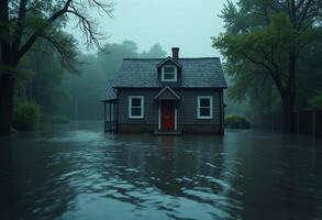 Reflected Glow of House in Rain Flood photo