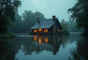 A house sits on the edge of a lake in the fog photo