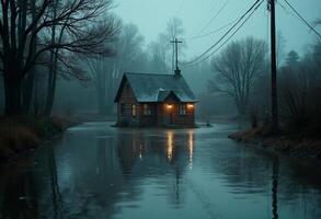 A small house sits in the middle of a river photo