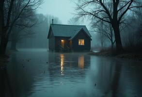 A small house sits in the middle of a swamp photo